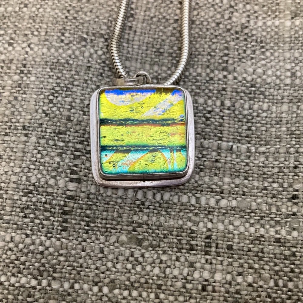 24" Snake Sterling Silver Necklace Green Dichroic Glass Art - Picture 1 of 4